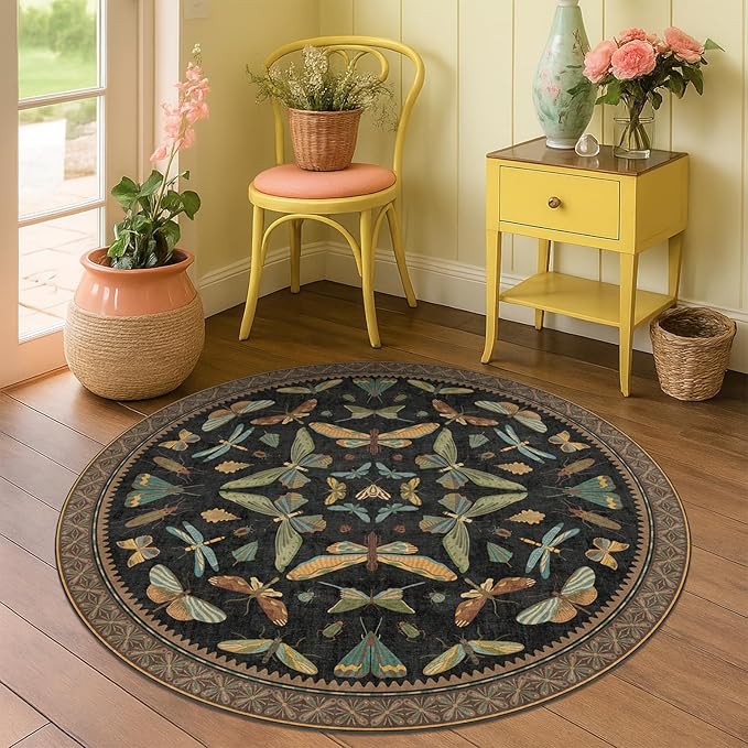 Black Boho 4ft Round Small Rugs for Entryway Non Slip - Washable Insect & Floral Rug for Living Room, Kitchen, Low Pile Soft Stain Resistant Carpet, Vintage Indoor Décor
