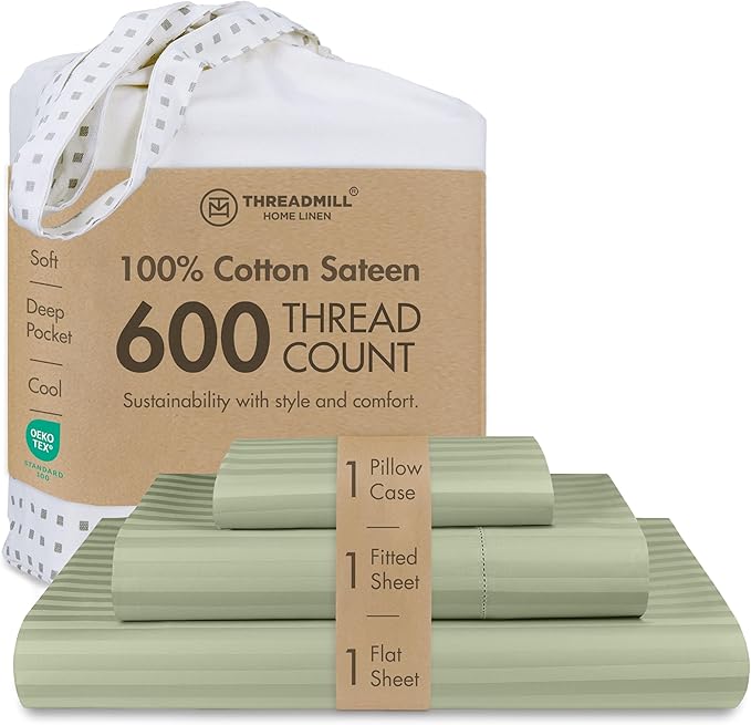 Threadmill 100% Cotton Sheets for Twin Size Bed - 600 Thread Count Twin Bed Sheets Set with 15” Deep Pocket - Damask Stripe Sateen Weave 3-Piece Bedding Set with Cooling Effect, Sage Green