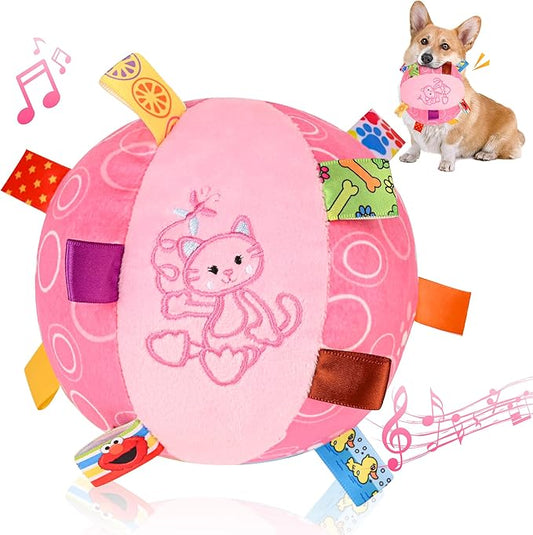Dog Squeak Ball Toys with Tags, Interactive Dog Toys, Soft Stuffed Puppy Toys with Built-in Bell, Dog Chew Toys to Keep Them Busy for Small Medium Large Dogs - 6 Inches, Pink