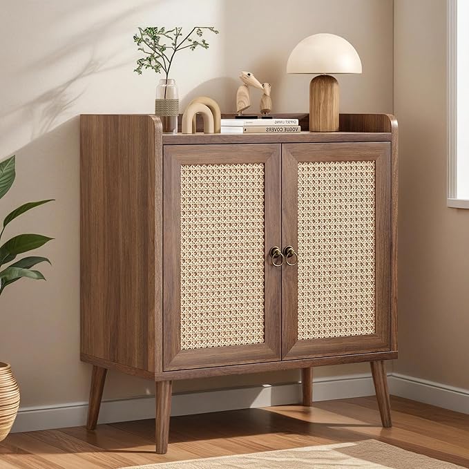 26" Rattan-Door Sideboard Cabinet with Round Pull Rings, 2-Door Credenza Buffet with Generous Storage, Modern Accent Cabinet for Living Room & Kitchen, Light Brown