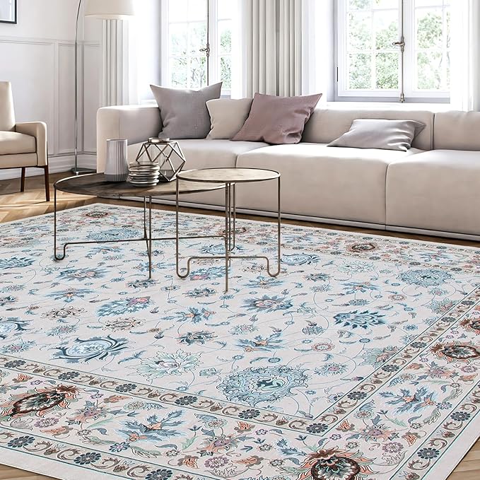 WILLSUN Washable Area Rugs, 8x10 Non-Slip Boho Large Area Rugs for Living Room, Bedroom, Machine Washable Vintage Rug, Indoor Floral Print Carpet for Home Decor, Kid & Pet Friendly Mat