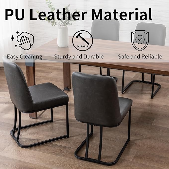 Charcoal PU Leather Dining Chairs Set of 4 Mid Century Modern Comfortable Dining Room Chair with Curved Backrest, Upholstered Kitchen Side Chairs with Black Metal Legs