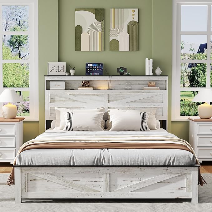 Farmhouse Queen Size Bed Frame with Headboard Storage Shelf, Wood Platform Bed Frame with LED Lights & Charging Station, Rustic White Metal Bed, No Box Spring Needed, Noise-Free Sturdy Structure