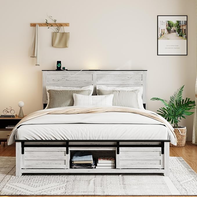 Wooden Full Size Bed Frame with Headboard, Boho White Farmhouse Storage Bedframe with Sliding Barn Door Footboard and Charging Station, Wood Slats, No Box Spring Needed