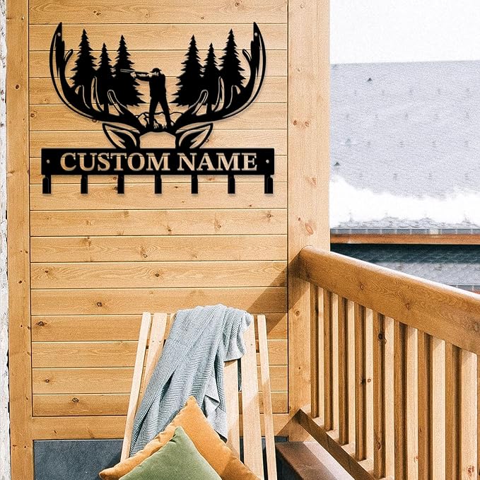 Personalized Custom Name Hunting Deer Wall Key Hooks,Metal Hunting Art Clothes Hooks,Metal Hunting Wall Home Storage Decorative,Hunter For Front Door, Hallway, Kitchen, Bedroom,Keys,Hats (Style L)