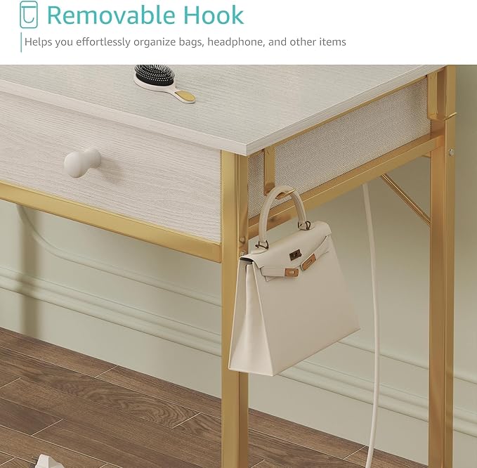 Makeup Vanity Desk No Mirror with Chair for Girls, White Small Vanity Table Set with Fabric Drawers, Power Outlet Without Mirror, Modern Make Up Desk for Bedroom