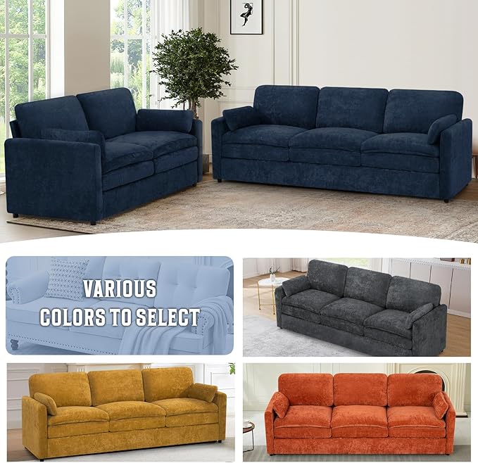 89" Chenille Soft Sofa w/Well-Filled Backrests, Modern Couch w/Plump Pillows, 3 Seater Upholstered Couch w/Thick & Comfy Cushions for Living Room, Bedroom, Blue