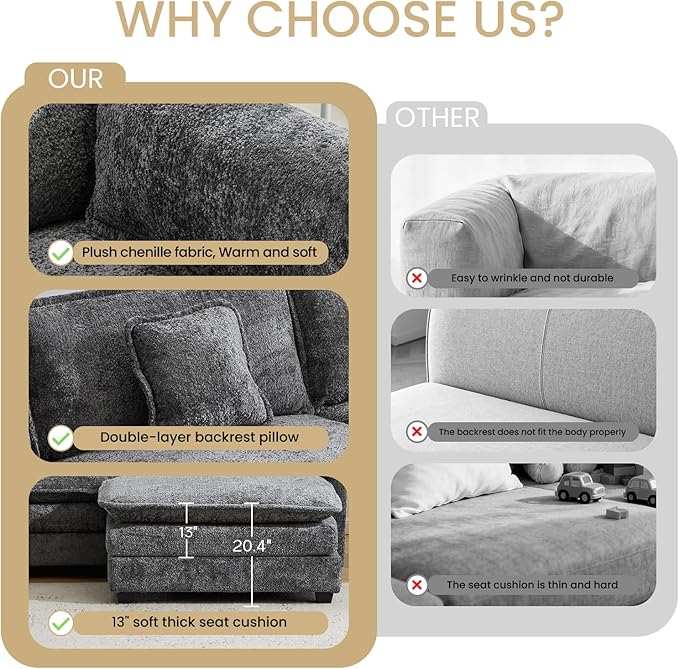 147.8" U Shaped Modular Sectional Sofa, Comfy Cloud Couch with Movable Ottoman, Deep Seat Modular Sofa, Sectional Couches for Living Room, Bedroom, Apartment (Grey)