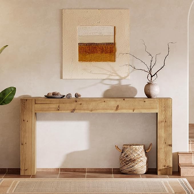 Solid Wood Console Table, 63-Inch Farmhouse Sofa Table Behind Couch for Entryway, Living Room, Foyer, Easy Assembly (Light Wood)