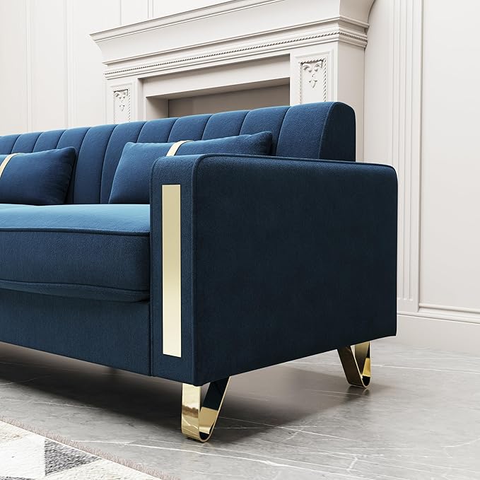 Couch 85.62" 3 Seats Sectional Velvet Fabric Sofa Easy Assemble Sofa Bed with 2 Couch Pillows,Gold Metal Legs for Living Room (P17, Blue)