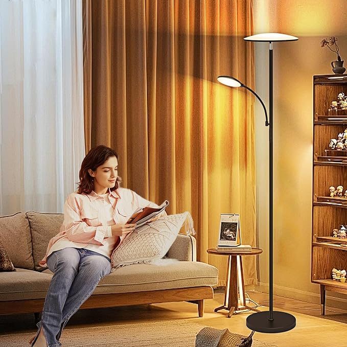 Floor Lamp, 2025 Upgraded 42W 4500LM Super Bright LED Floor Lamp with Rotatable Reading Light, Touch Remote Control & Memory Function, Stepless Dimmable Standing Lamp for Living Room Bedroom, Black