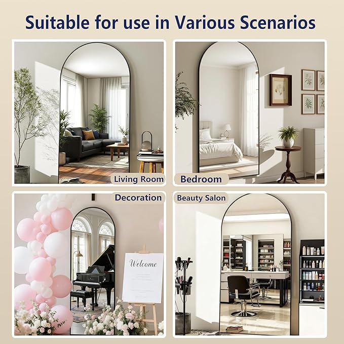 Arched Full Length Mirror,64" L x 20" W Floor Mirror, Aluminum Alloy Frame, Shatterproof Glass - Free Standing, Leaning or Wall Mounted for Bedroom, Living Room, Entryway, Modern Home (Black)