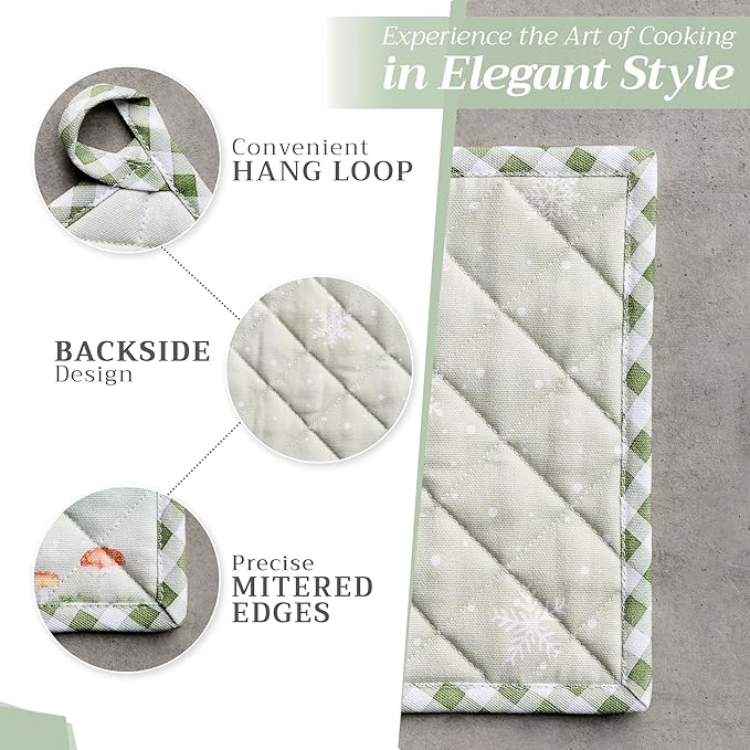 Maison d' Hermine 100% Cotton Oven Mitt & Pot Holder Set (7.5"x13" & 8"x8") Heat Resistant BBQ Cooking Gloves with Loop for Thanksgiving Christmas Decorations Handling Hot Pans (Winter Mornings)