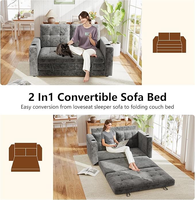 WorthFurni Convertible Sofa Bed, Folding Sofa Bed 2 in1 Pull Out Loveseat Sleeper Sofa, Floor Sofa Bed for Small Spaces Folding Couch Bed with Pillows for Living Room Bedroom - Grey