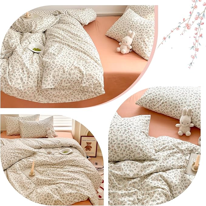 LifeTB Aesthetic Floral Duvet Cover King Cozy Boho Pink Flower Cotton Bedding Set Farmhouse Vintage Botanical Flower Duvet Cover Cute Floral Comforter Cover Girls Cottagecore Duvet Cover Set King