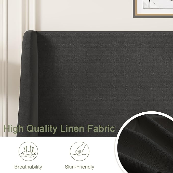 VECELO Queen Bed Frame with Upholstered Wingback Headboard, Heavy-Duty Platform Bedframe with Charging Station, Wooden Slats, No Box Spring Needed, Grey