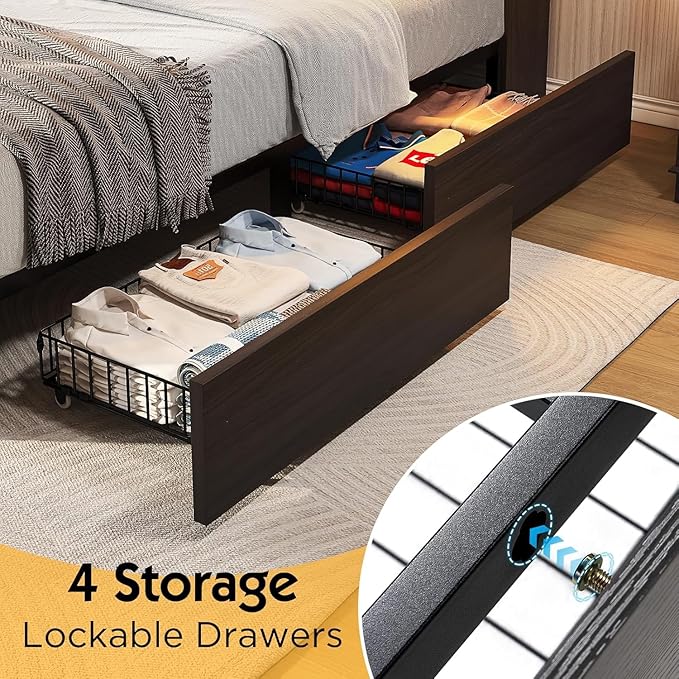 King Farmhouse Bed Frame with Bookcase Headboard and 4 Drawers, LED Storage Bed with Charging Station & Linen Upholstered, No Box Spring Needed,Black