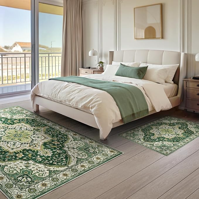 Area Rugs 5x7 - Machine Washable Vintage Oriental Soft Rug, Low Pile Thin Floor Carpet with Non Slip Backing for Living Room, Bedroom,Dorm, Kitchen, Indoor House, Office Rolling Chair