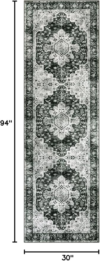 Moynesa Ultra-Thin Washable Vintage Runner Rug - 2'6"x8 Hallway Runner Non-Slip Non-Shedding Stain Resistant Kitchen Mat Boho Oriental Medallion Laundry Carpet for Entrance Bedside, Black/White