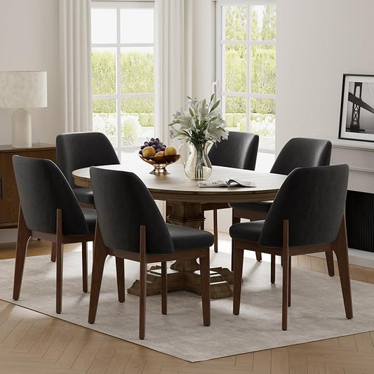 VKNOW Modern Dining Chairs, Faux Leather Kitchen Chairs with Wood Legs, Upholstered Side Chair for Kitchen Dining Room (Black, Set of 6)