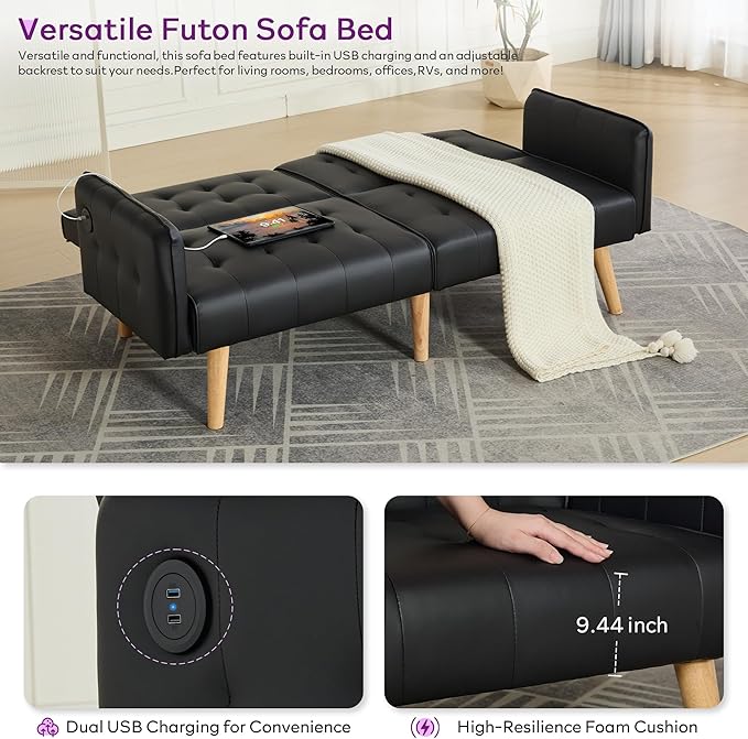 TYBOATLE Faux Leather Convertible 65'' Folding Futon Sofa Bed w/ 2 USB, Loveseat for Small Space, Apartment, Dorm, Living Room, Office, Black