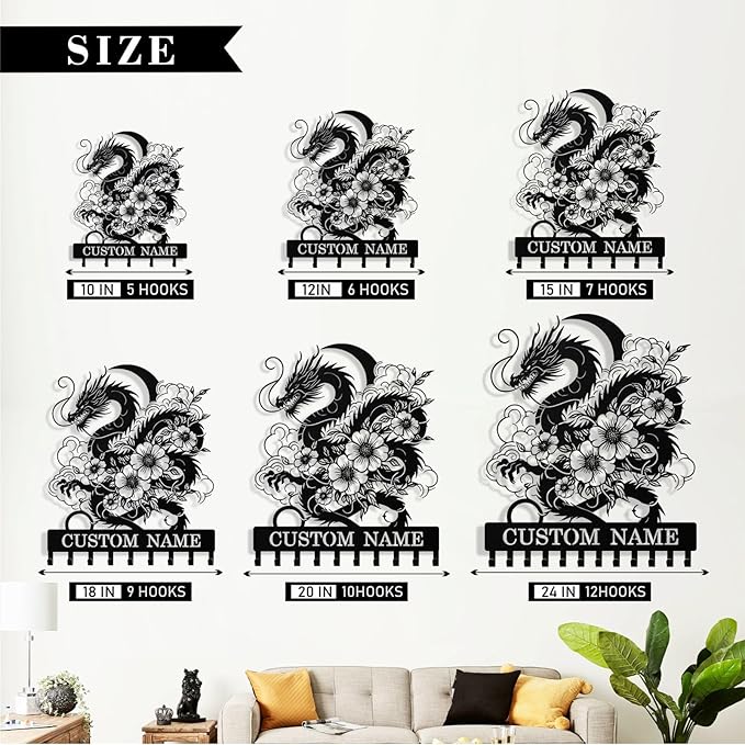 Personalized Key Holder Wall Mount, Custom Metal Dragon Keys Holder for Wall with Name, Wall Key Hanger Rack with Hooks for Entryway, Front Door, Living Room, Kitchen, Bathroom, Garden