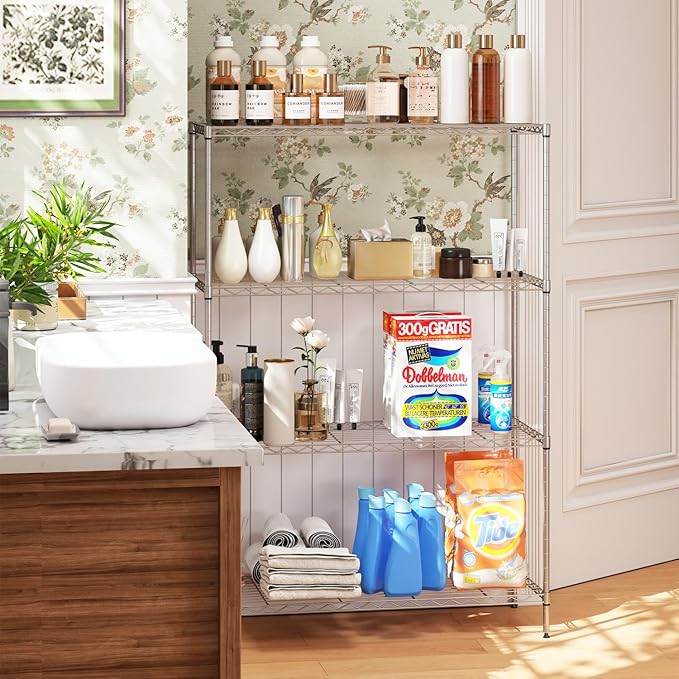 4-Tier Storage Shelves 35.4" L x 13.3" W x 53.7" H Metal Garage Shelves Standing Storage Shelf Adjustable Layer Racks with Steel Frame, Suitable for Kitchen, Garage or Commercial Use (Chrome)