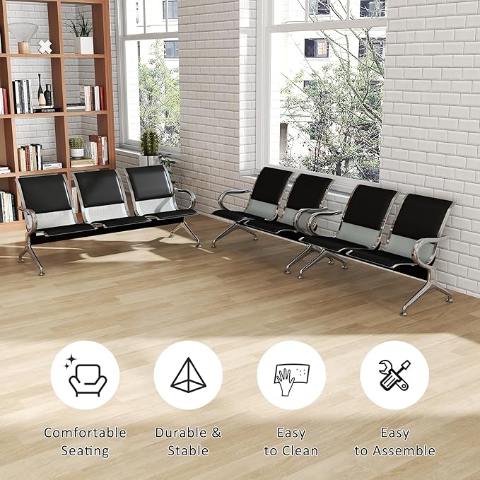 Kinfant 7-Seat Waiting Room Chairs Set - 3 Pieces PU Leather Office Guest Reception Chair Furniture Bench with Armrest for Waiting Area, Airport, Hospital, Bank, Salon, Barbershop, Black