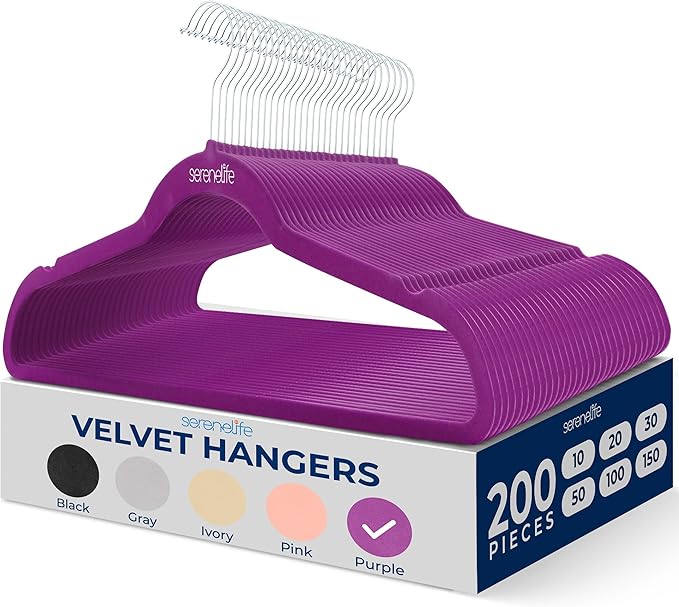SereneLife 200 Pack Velvet Hangers - Non-Slip Felt Hangers with 360° Swivel Hook, Space-Saving, Ultra-Thin, Lightweight for Shirts, Sweaters, Hoodies, Kids Clothes & Dresses