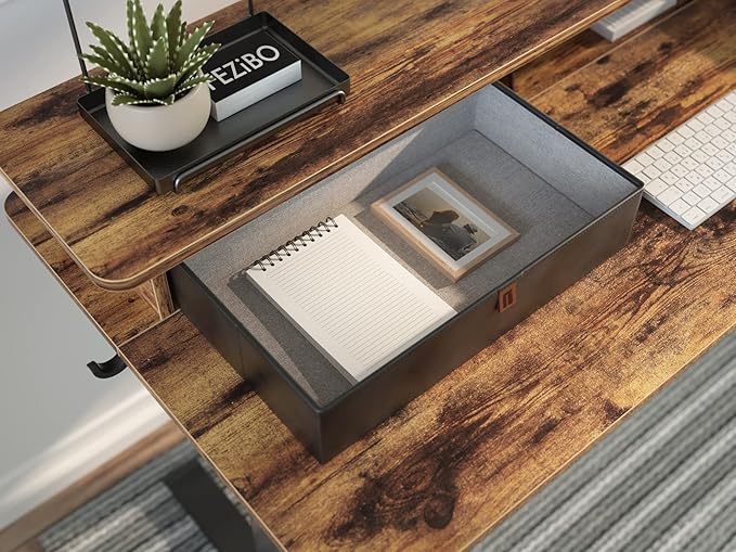 FEZIBO 55 x 24 Inch Whole-Piece Height Adjustable Standing Desk with Double Drawers, Sit Stand Desk, Stand Up Table (Send Two Packages), Rustic Brown Top