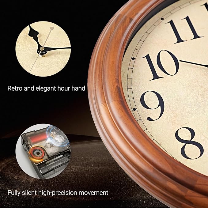 16-Inch Wood Wall Clock with Large Numbers, Retro Round Brown Clock Wall, Silent Non-Ticking for Living Room, Kitchen Wall Clocks