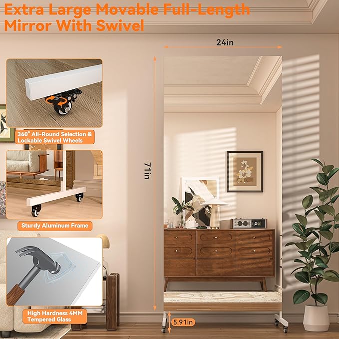 Hasipu Home Gym Mirror 360° Swivel on Wheels, 71" x 24" Extra Large Full Body Rolling Mirror for Yoga Studio, Bedroom, Dancing Studio, White