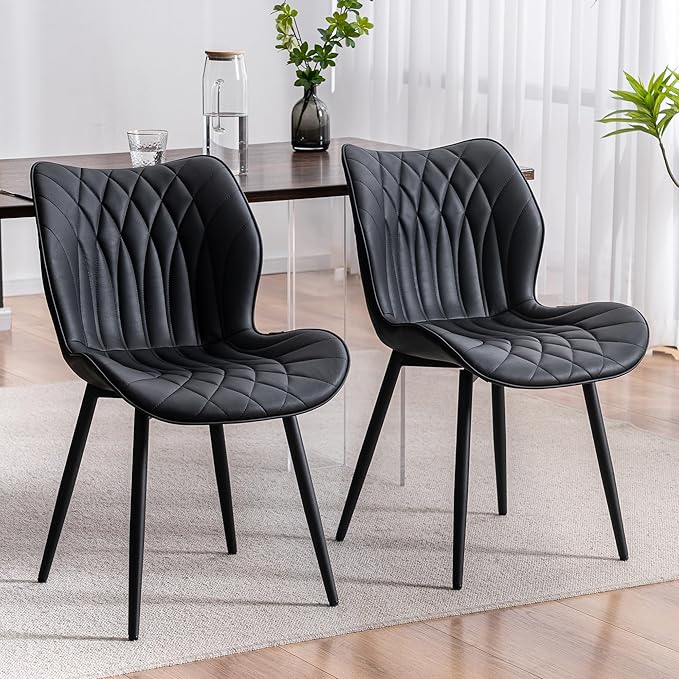 Kidol & Shellder Black Dining Chairs Set of 2 Modern Kitchen Chairs with Back Armless Accent Chairs for Living Room Upholstered Faux Leather Chair Mid Century Comfy Side Chair with Metal Legs