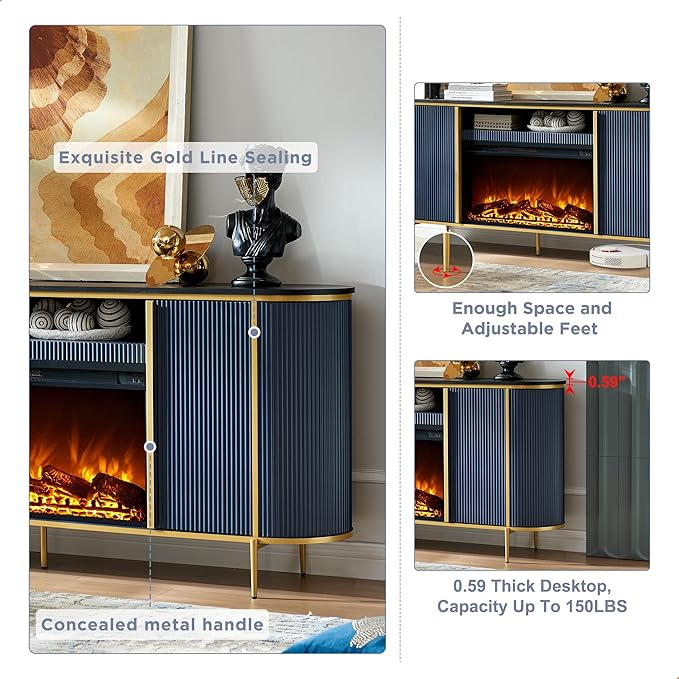 OKD Luxury 70" Fluted Fireplace TV Stand, Modern Chic Entertainment Center for TVs Up to 80 inches, TV Console with Faux Marble Top, Curved Profile Design, Media Console for Living Room, Navy Blue