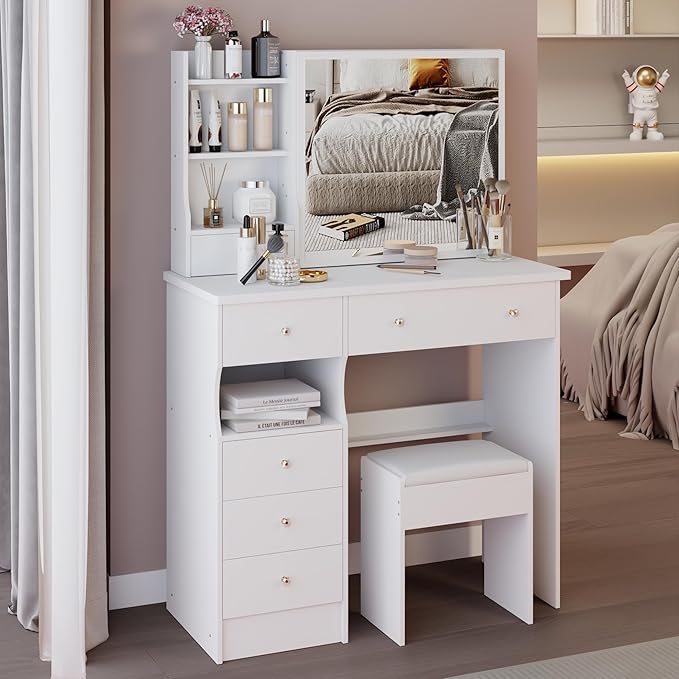 KEIKI Vanity Desk with Sliding Mirror & Cushioned Stool, 37'' Makeup Dressing Table Set for Bedrooms, Dorms, Apartments, White
