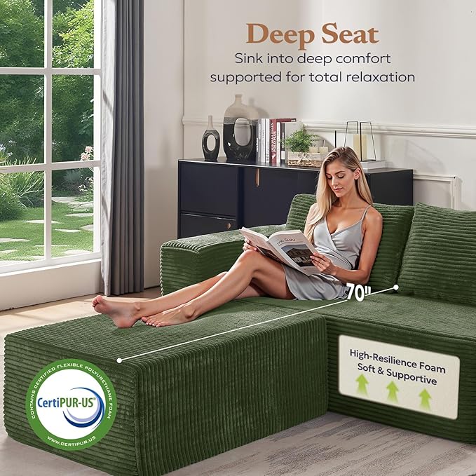 106" Modular Sectional Sofa with L-Shape Chaise, Right/Left Facing Deep Seat Cloud Couch, No Assembly Required, Upholstered Couch for Living Room Bedroom (Plush Corduroy Fabric, Green)