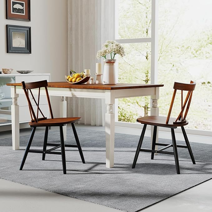 Giantex Windsor Dining Chairs Set of 2, Farmhouse Wooden Kitchen Chair w/Cross Back, Wide Seat, Rubber Wood Frame, Armless Side Chairs for Kitchen, Dining Room, Living Room, Restaurant, Dark Oak