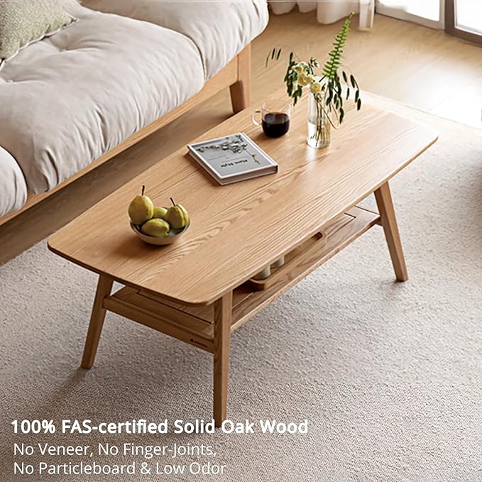 Wood Coffee Table - 100% Solid Oak Wood- 2-Tier Coffee Table with Storage for Living Room, Eco-Friendly Finish, Easy Assembly (Natural, 47.24" D x 22.04" W x 17.32" H)