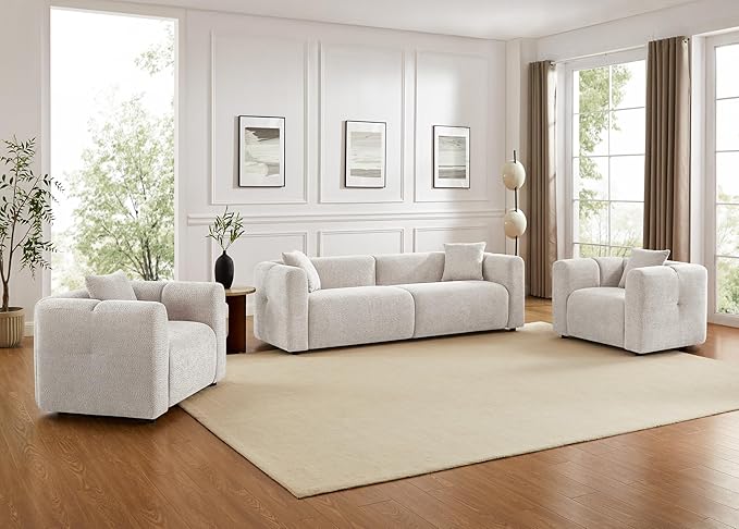 VANOMi Modular Sectional Sofa Set Oversized Cloud Couch with 95" Sofa & 42" Armchairs Living Room Furniture Set Boucle Upholstered Oversized Couch with Pillows 1 Sofa+2 Chairs
