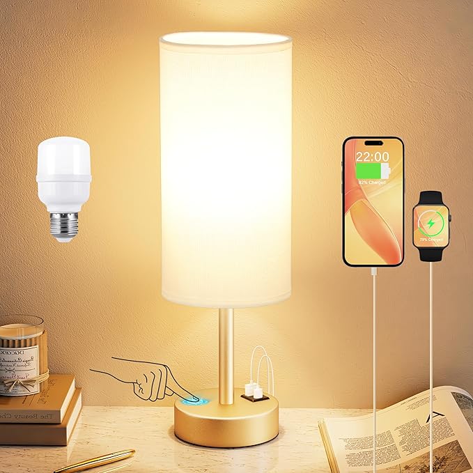 Elegant Gold Touch Table Lamp, Modern Wedding Gift for Couples, Bedside Lamps with USB-C USB-A Charging Ports, 3 Way Dimmable Small Lamp for Office, Living Room, Bathroom