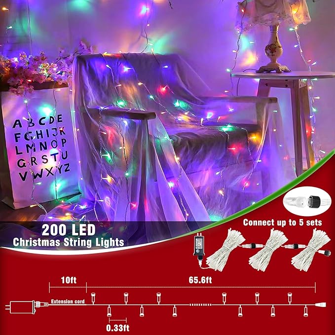 200 LED String Lights Indoor Outdoor 66ft Connectable Multicolor Christmas Lights 8 Modes Clear Wire Waterproof, Plug in Twinkle String Lights for Bedroom Christmas Tree Dorm Yard Home