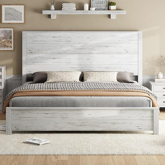 AMERLIFE Queen Size Wood Bed Frame, Rustic 51.2" Platform Bed with Spliced Headboard, Wood Slats Support/Noiseless/No Box Spring Needed, Antique White