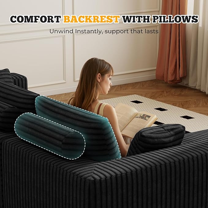 113" Modular Sectional Sofa, Convertible L-Shaped Cloud Couches for Living Room with Ottoman, 4 Seater Corduroy Boneless Couch Sofas Set, No Assembly Required, Black 1 PCS