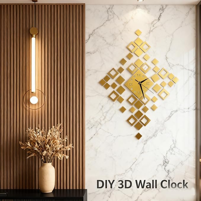 Frameless DIY Wall Clock – Large Modern 3D Mirror Wall Clock with Numbers Stickers, DIY Clock Kit for Home, Living Room, Bedroom, Office Wall Decor(Gold)