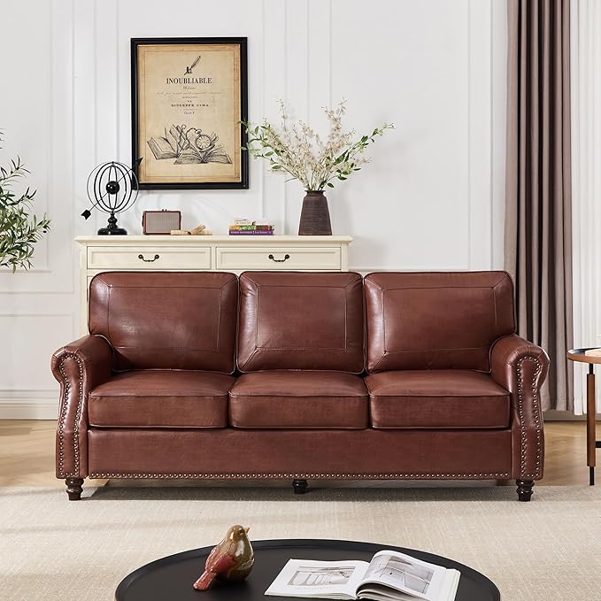 WILLOVE Faux Leather Sofa, Mid Century Modern Couch with Rolled Arm & Nailhead Trim for Living Room, Office - Retro Brown