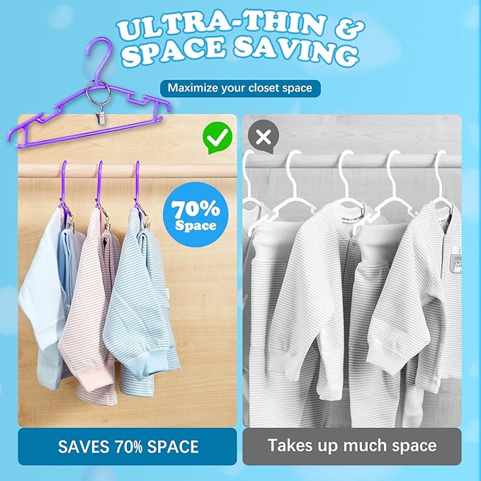 Baby Hangers with Metal Ring Clips, Children Plastic Hanger for Kids Pants Clothes Closet, 20 Pack, Purple