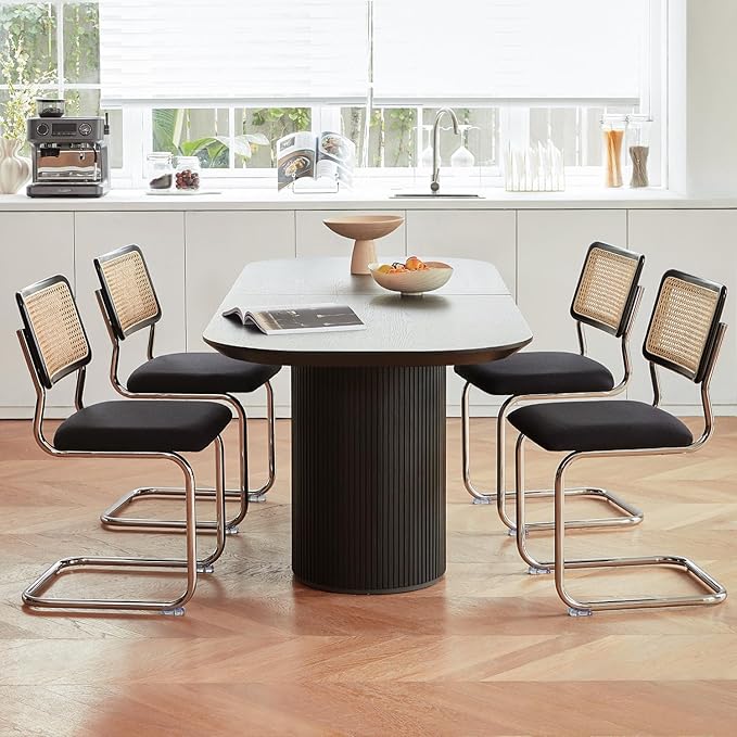 Black Chrome Rattan Dining Chairs Set of 4,Wooden Mid-Century Modern Kitchen Chairs, Mesh Back Cane Dining Room Chair, Cesca Design Chairs with Metal Chrome Legs