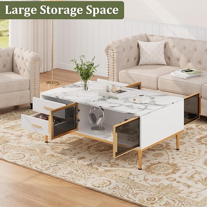 Modern White Coffee Table with Gold Metal Legs for Living Room - Large Center Table with 2 Glass Door Storage & 4 Drawers, Sintered Stone Table Top for Reception Room White