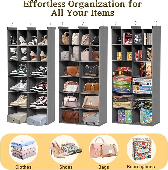 6 Tier Hanging Closet Organizer, 16 Compartments Sweater Organizer for Closet with 3 Sturdy Hooks, Closet Organizers and Storage, Wardrobe, Rv, Garment Rack, Grey