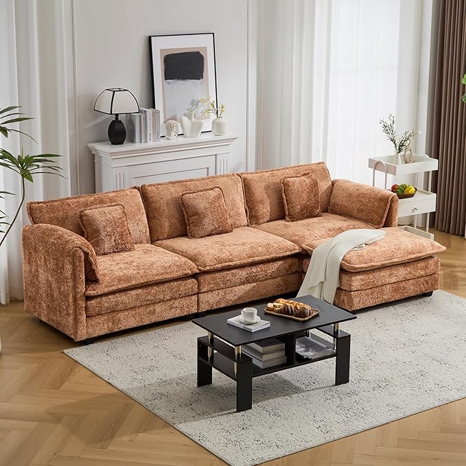 112" Modular Sectional Sofa with Movable Ottoman, L Shaped Couches for Living Room, 3 Seater Comfy Cloud Couch with Removable Cover, Armrest Pillow (Orange)